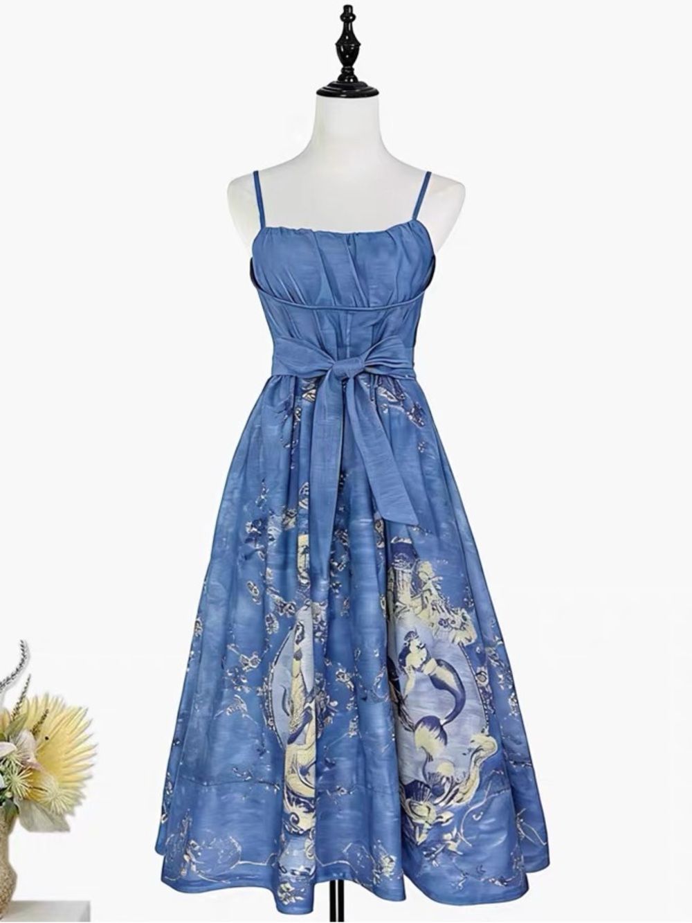 Designer-style Floral Print Midi Dress with Waist Tie